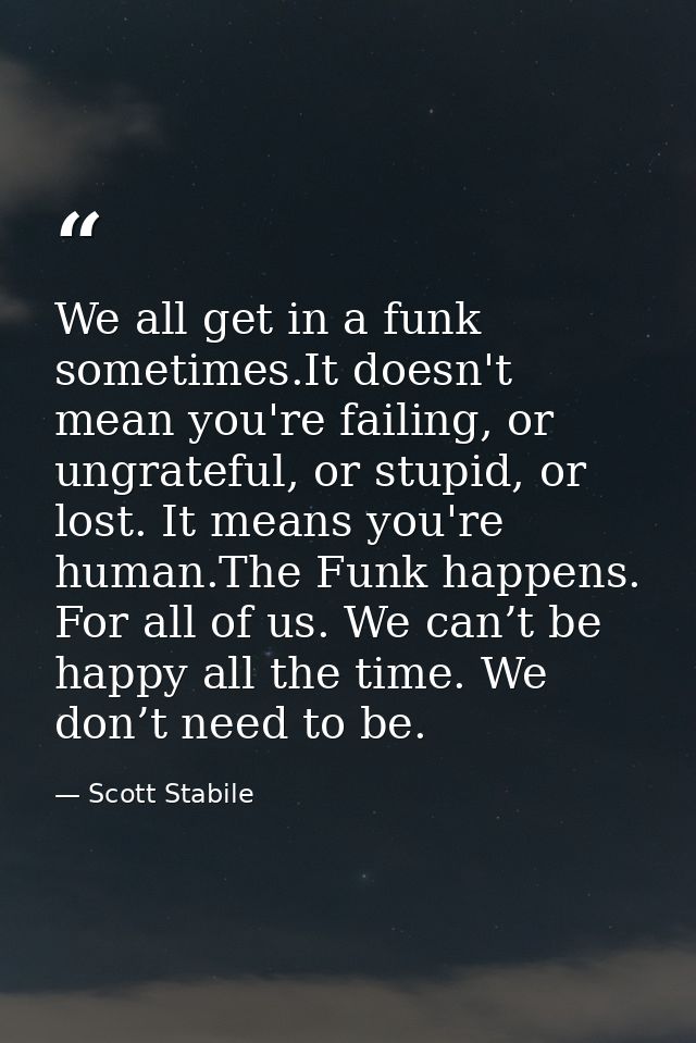 We all get in a funk sometimes.It doesn't mean you're failing, or ungrateful, or stupid, or lost. It means you're human. — Scott Stabile