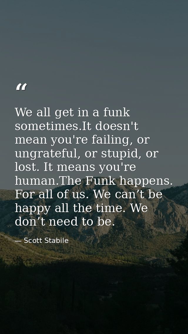 We all get in a funk sometimes.It doesn't mean you're failing, or ungrateful, or stupid, or lost. It means you're human. — Scott Stabile