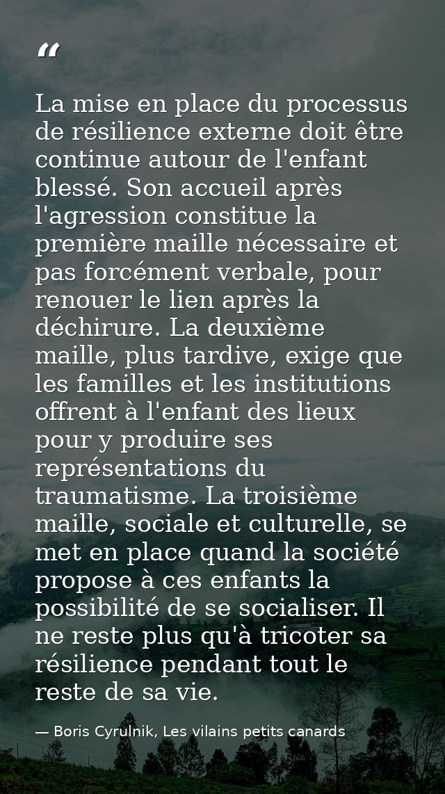 La mise en place du processus de résilience externe doit être continue autour de l'enfant blessé. Son accueil après l'ag — Boris Cyrulnik, Les vilains petits canards