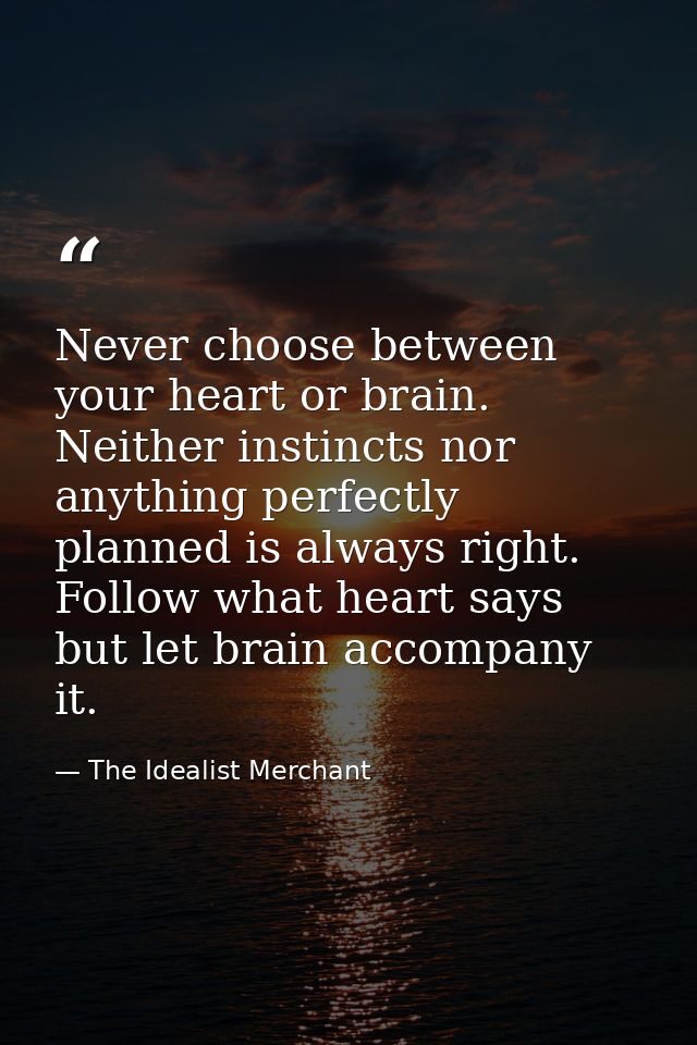 Never choose between your heart or brain. Neither instincts nor anything perfectly planned is always right. Follow what  — The Idealist Merchant