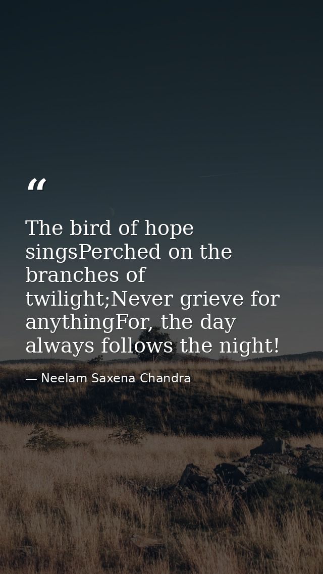 The bird of hope singsPerched on the branches of twilight;Never grieve for anythingFor, the day always follows the night — Neelam Saxena Chandra