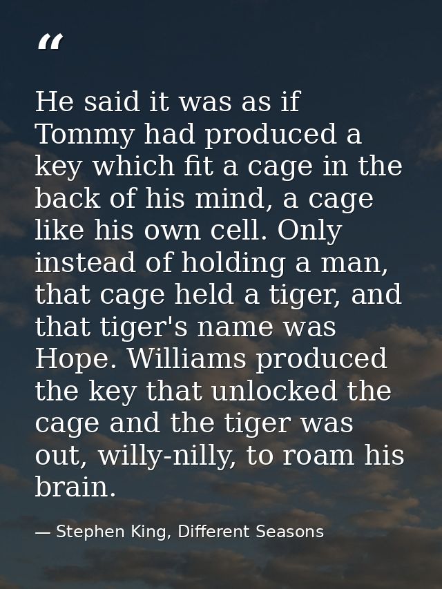 He said it was as if Tommy had produced a key which fit a cage in the back of his mind, a cage like his own cell. Only i — Stephen King, Different Seasons