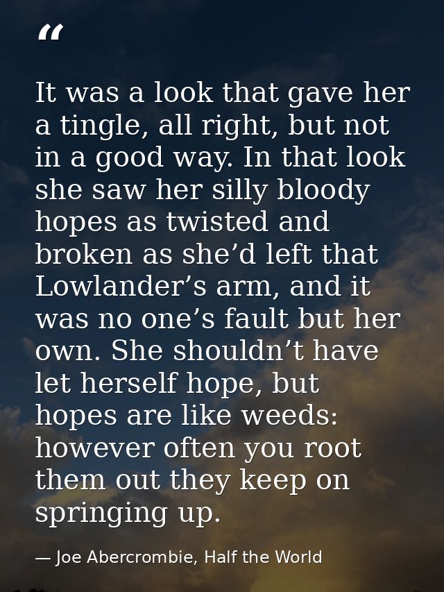 It was a look that gave her a tingle, all right, but not in a good way. In that look she saw her silly bloody hopes as t — Joe Abercrombie, Half the World