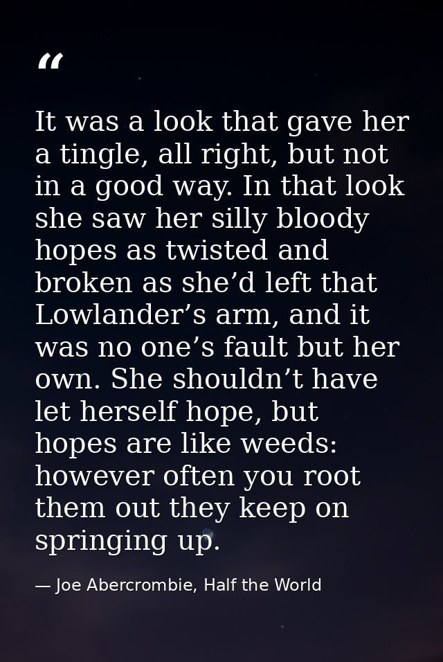 It was a look that gave her a tingle, all right, but not in a good way. In that look she saw her silly bloody hopes as t — Joe Abercrombie, Half the World