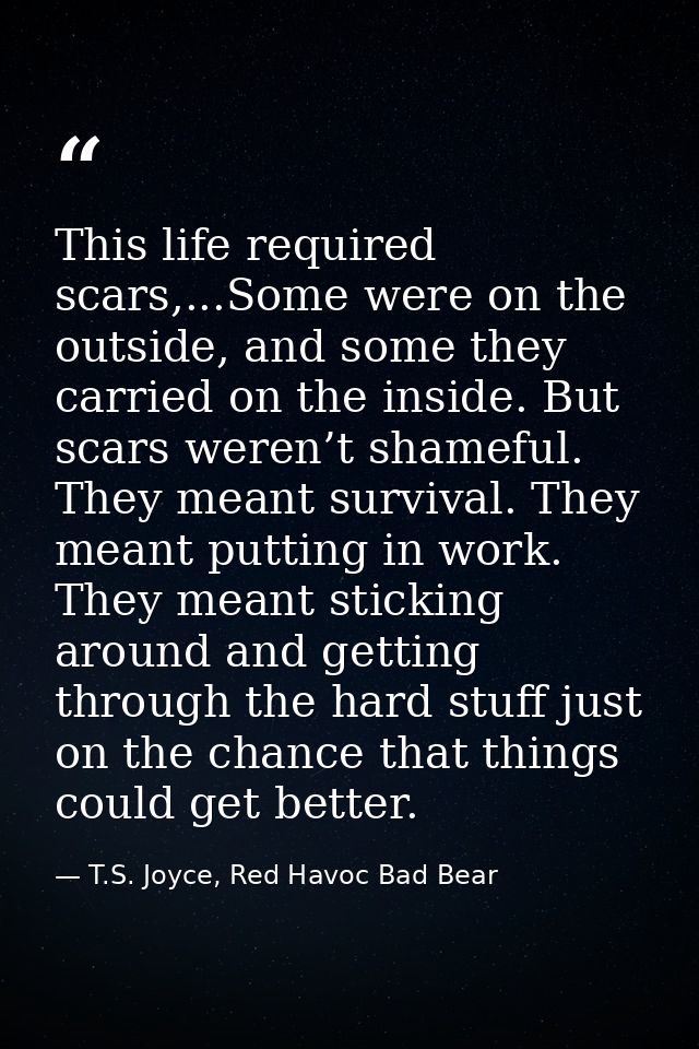This life required scars,...Some were on the outside, and some they carried on the inside. But scars weren’t shameful. T — T.S. Joyce, Red Havoc Bad Bear