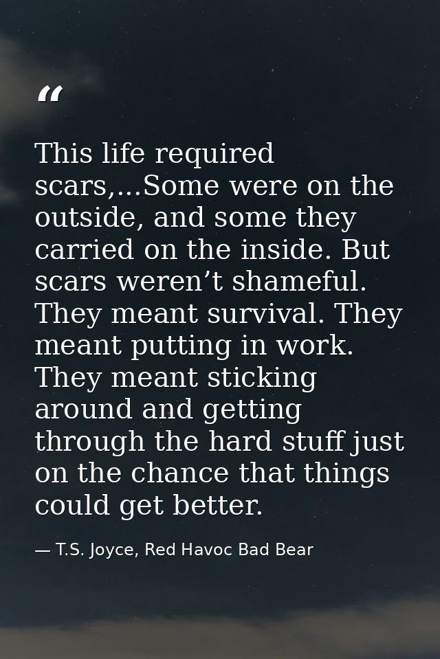 This life required scars,...Some were on the outside, and some they carried on the inside. But scars weren’t shameful. T — T.S. Joyce, Red Havoc Bad Bear