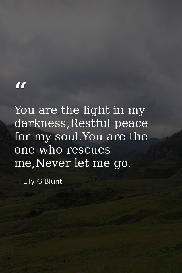 You are the light in my darkness,Restful peace for my soul.You are the one who rescues me,Never let me go. — Lily G Blunt