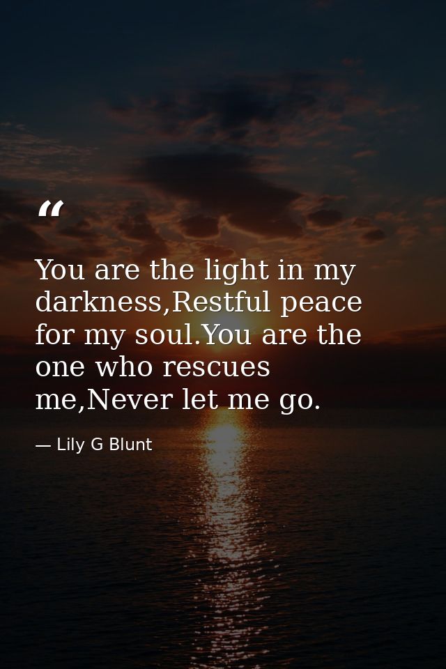 You are the light in my darkness,Restful peace for my soul.You are the one who rescues me,Never let me go. — Lily G Blunt