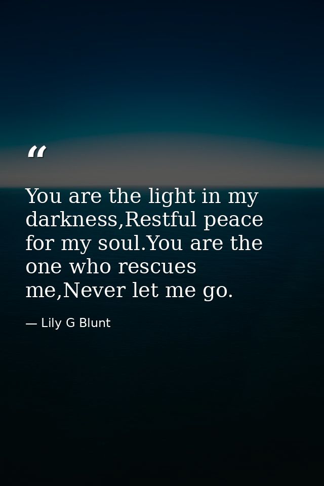 You are the light in my darkness,Restful peace for my soul.You are the one who rescues me,Never let me go. — Lily G Blunt