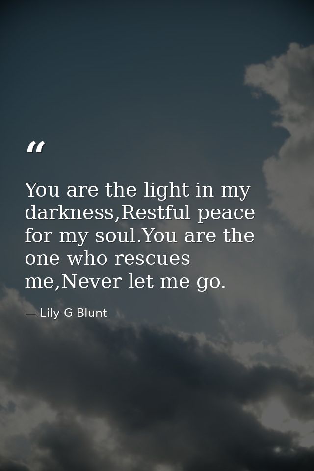 You are the light in my darkness,Restful peace for my soul.You are the one who rescues me,Never let me go. — Lily G Blunt
