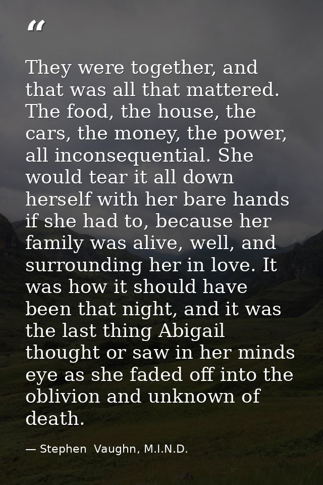 They were together, and that was all that mattered. The food, the house, the cars, the money, the power, all inconsequen — Stephen  Vaughn, M.I.N.D.