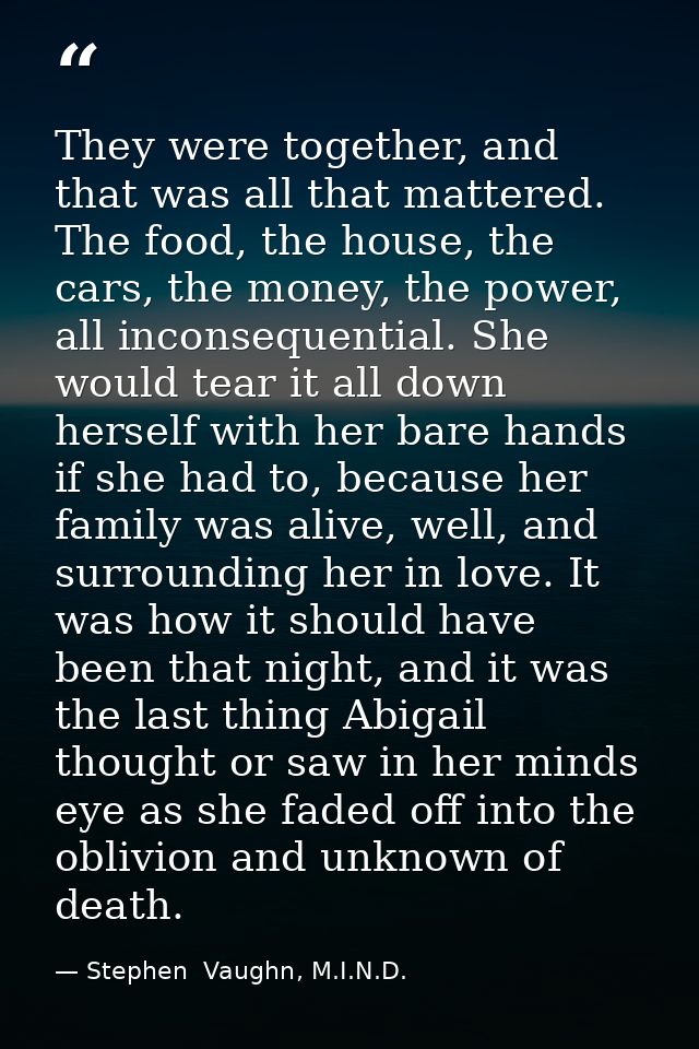 They were together, and that was all that mattered. The food, the house, the cars, the money, the power, all inconsequen — Stephen  Vaughn, M.I.N.D.