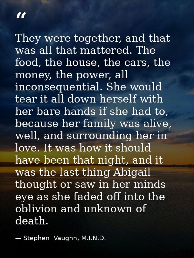 They were together, and that was all that mattered. The food, the house, the cars, the money, the power, all inconsequen — Stephen  Vaughn, M.I.N.D.