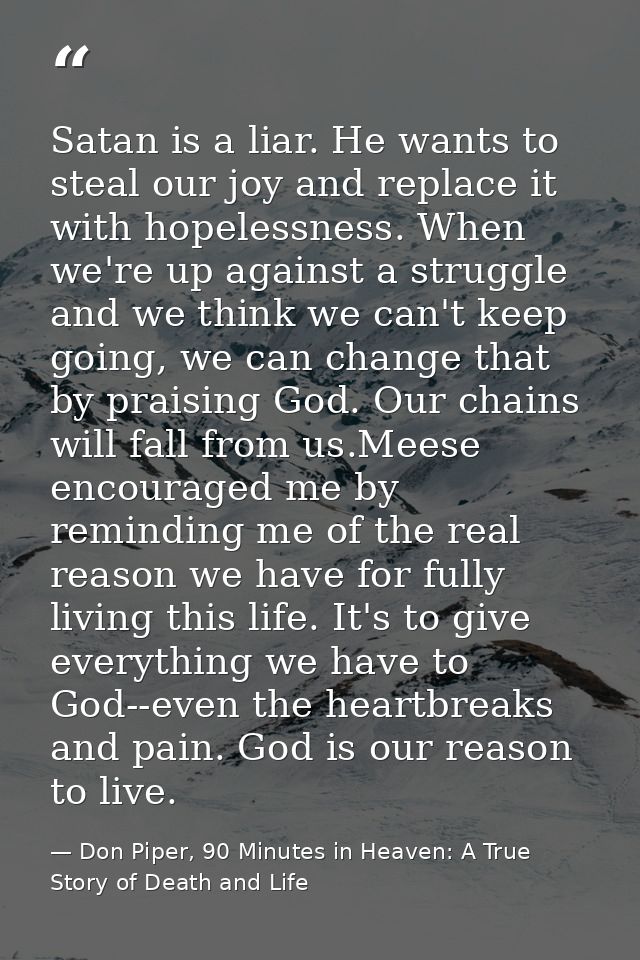 Satan is a liar. He wants to steal our joy and replace it with hopelessness. When we're up against a struggle and we thi — Don Piper, 90 Minutes in Heaven: A True Story of Death and Life