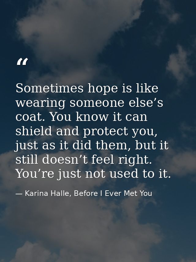Sometimes hope is like wearing someone else’s coat. You know it can shield and protect you, just as it did them, but it  — Karina Halle, Before I Ever Met You