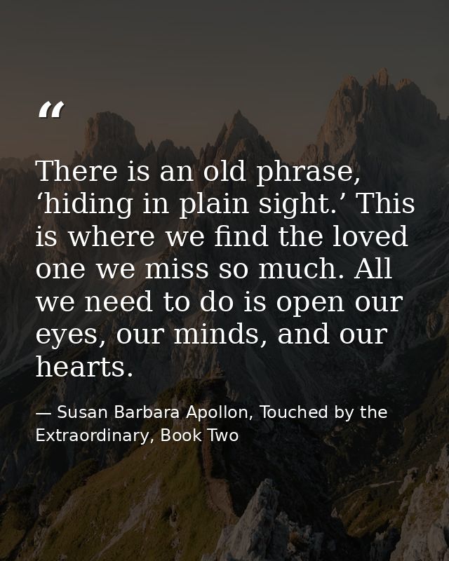 There is an old phrase, ‘hiding in plain sight.’ This is where we find the loved one we miss so much. All we need to do  — Susan Barbara Apollon, Touched by the Extraordinary, Book Two
