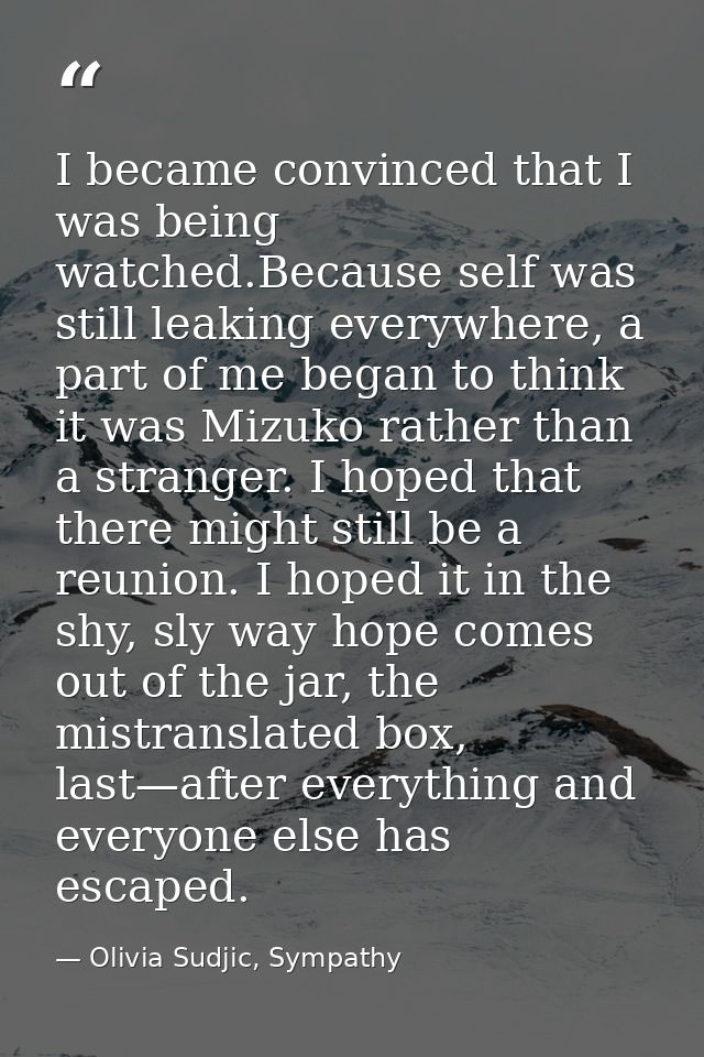 I became convinced that I was being watched.Because self was still leaking everywhere, a part of me began to think it wa — Olivia Sudjic, Sympathy