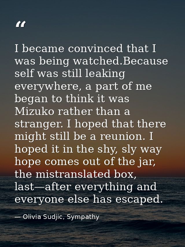 I became convinced that I was being watched.Because self was still leaking everywhere, a part of me began to think it wa — Olivia Sudjic, Sympathy