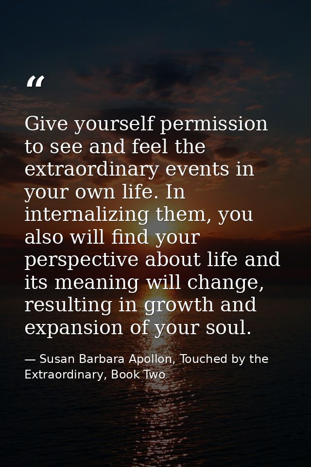 Give yourself permission to see and feel the extraordinary events in your own life. In internalizing them, you also will — Susan Barbara Apollon, Touched by the Extraordinary, Book Two