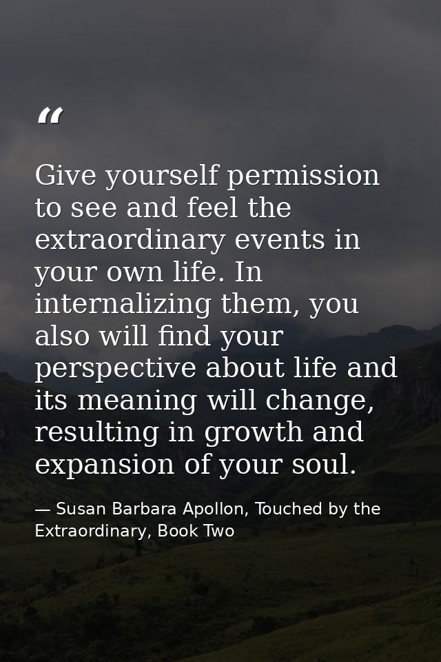 Give yourself permission to see and feel the extraordinary events in your own life. In internalizing them, you also will — Susan Barbara Apollon, Touched by the Extraordinary, Book Two