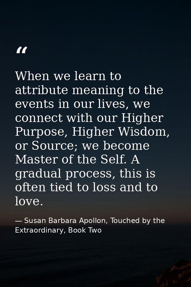 When we learn to attribute meaning to the events in our lives, we connect with our Higher Purpose, Higher Wisdom, or Sou — Susan Barbara Apollon, Touched by the Extraordinary, Book Two