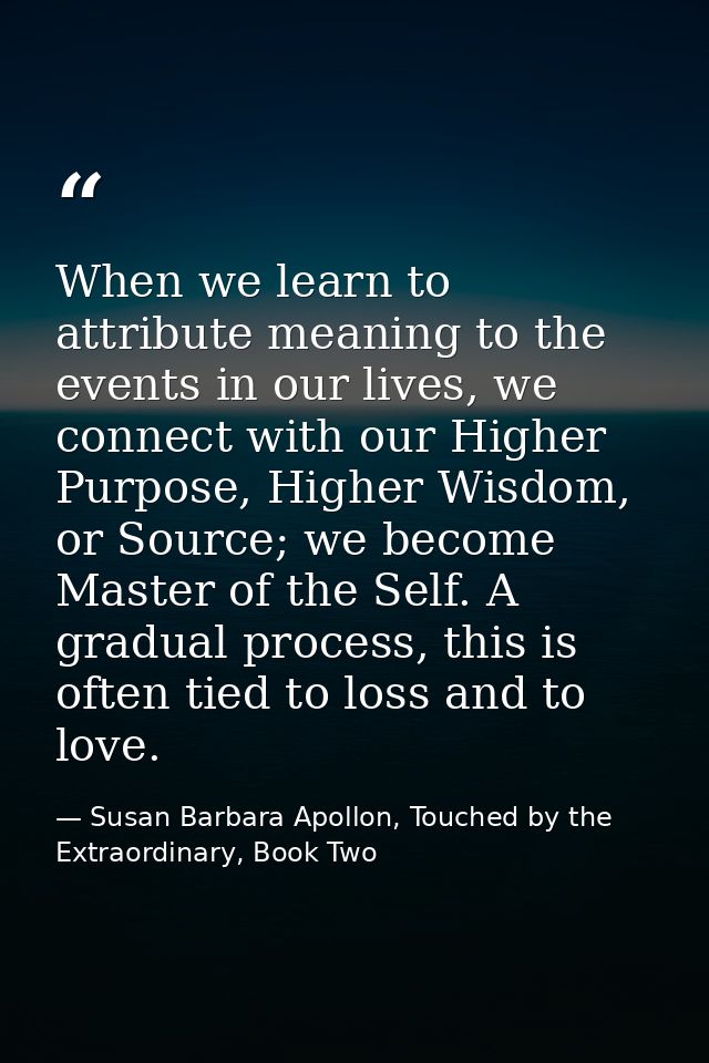 When we learn to attribute meaning to the events in our lives, we connect with our Higher Purpose, Higher Wisdom, or Sou — Susan Barbara Apollon, Touched by the Extraordinary, Book Two