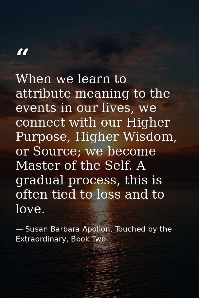 When we learn to attribute meaning to the events in our lives, we connect with our Higher Purpose, Higher Wisdom, or Sou — Susan Barbara Apollon, Touched by the Extraordinary, Book Two