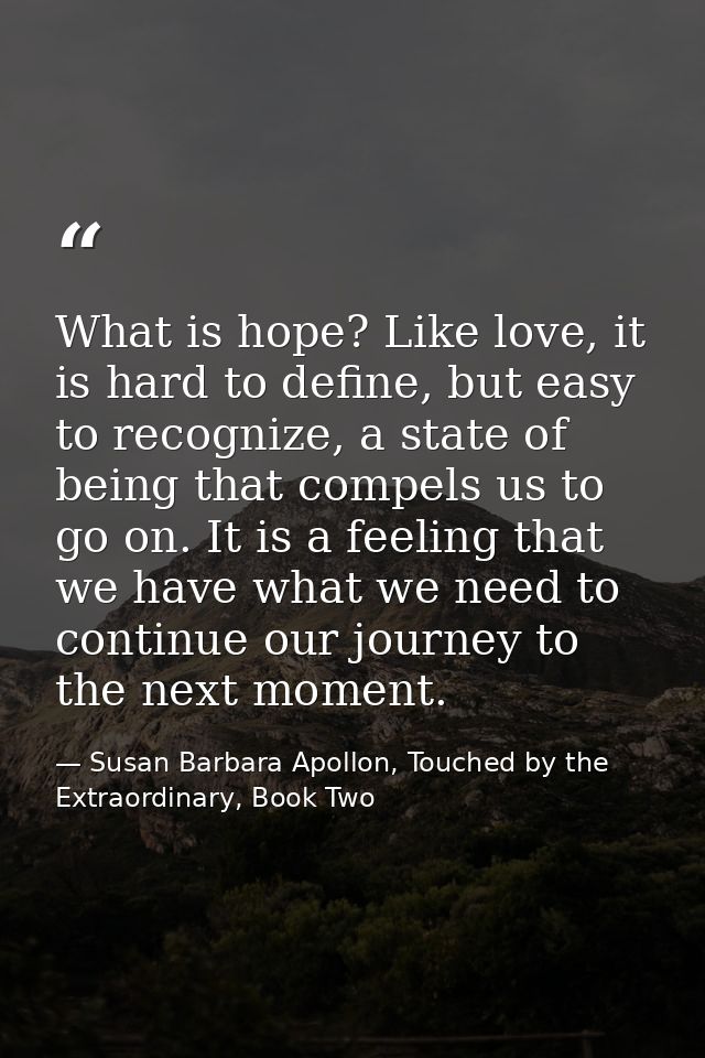 What is hope? Like love, it is hard to define, but easy to recognize, a state of being that compels us to go on. It is a — Susan Barbara Apollon, Touched by the Extraordinary, Book Two