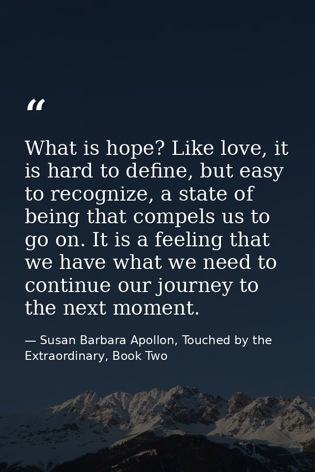 What is hope? Like love, it is hard to define, but easy to recognize, a state of being that compels us to go on. It is a — Susan Barbara Apollon, Touched by the Extraordinary, Book Two