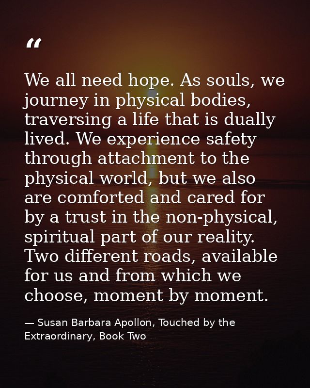 We all need hope. As souls, we journey in physical bodies, traversing a life that is dually lived. We experience safety  — Susan Barbara Apollon, Touched by the Extraordinary, Book Two