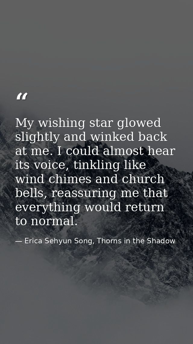 My wishing star glowed slightly and winked back at me. I could almost hear its voice, tinkling like wind chimes and chur — Erica Sehyun Song, Thorns in the Shadow