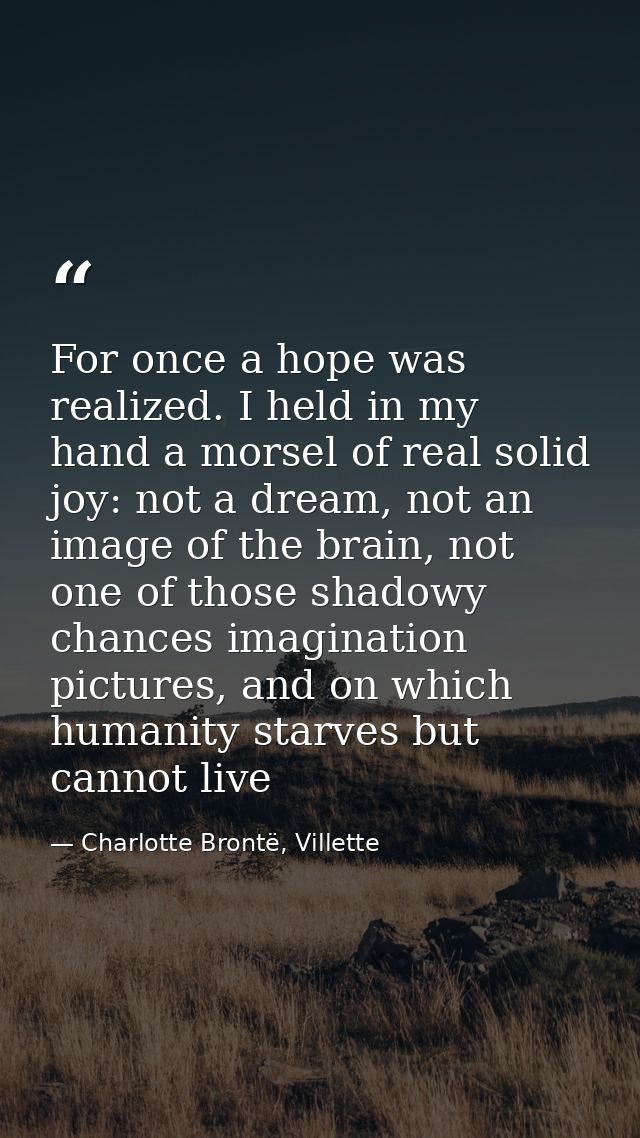 For once a hope was realized. I held in my hand a morsel of real solid joy: not a dream, not an image of the brain, not  — Charlotte Brontë, Villette