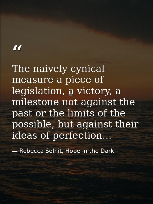 The naively cynical measure a piece of legislation, a victory, a milestone not against the past or the limits of the pos — Rebecca Solnit, Hope in the Dark