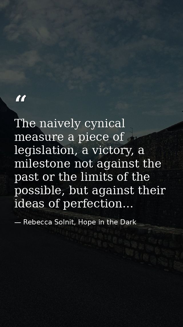 The naively cynical measure a piece of legislation, a victory, a milestone not against the past or the limits of the pos — Rebecca Solnit, Hope in the Dark