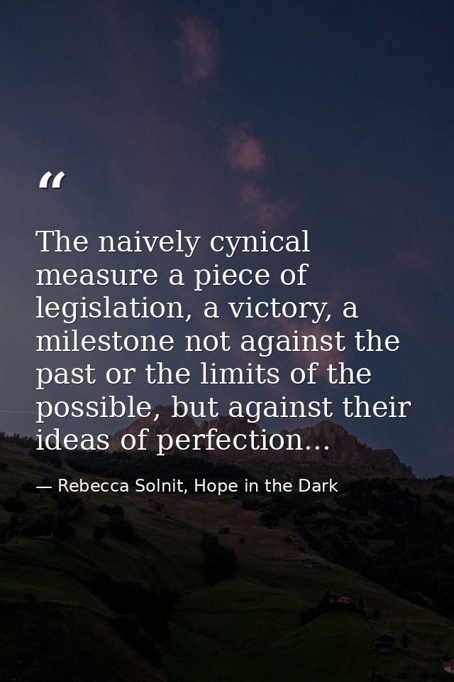 The naively cynical measure a piece of legislation, a victory, a milestone not against the past or the limits of the pos — Rebecca Solnit, Hope in the Dark