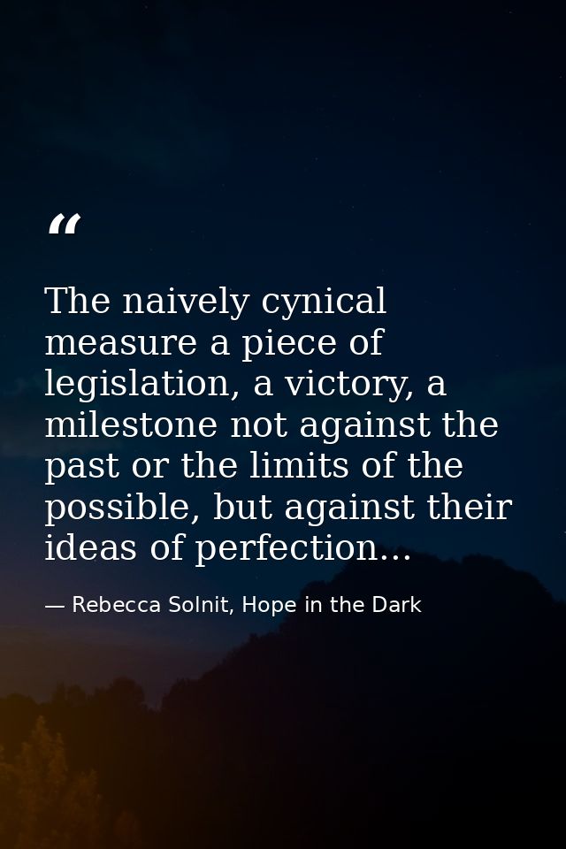 The naively cynical measure a piece of legislation, a victory, a milestone not against the past or the limits of the pos — Rebecca Solnit, Hope in the Dark