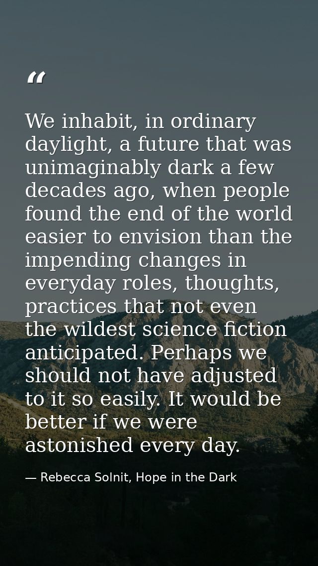 We inhabit, in ordinary daylight, a future that was unimaginably dark a few decades ago, when people found the end of th — Rebecca Solnit, Hope in the Dark