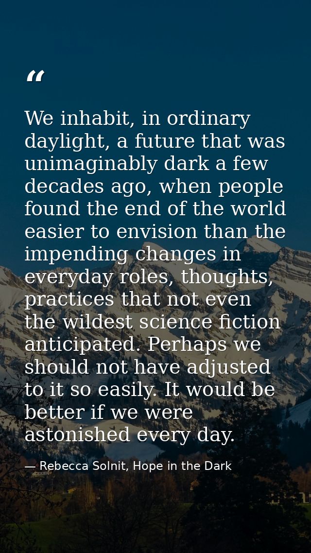 We inhabit, in ordinary daylight, a future that was unimaginably dark a few decades ago, when people found the end of th — Rebecca Solnit, Hope in the Dark