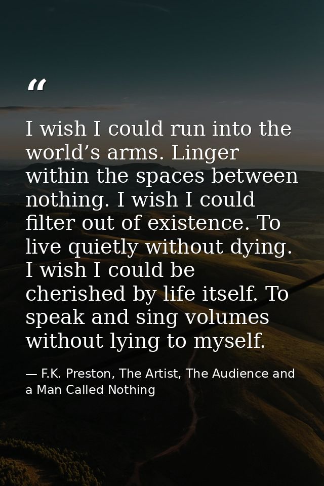 I wish I could run into the world’s arms. Linger within the spaces between nothing. I wish I could filter out of existen — F.K. Preston, The Artist, The Audience and a Man Called Nothing
