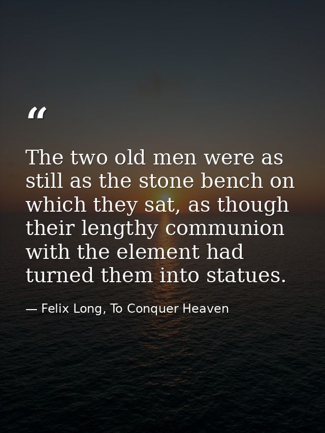 The two old men were as still as the stone bench on which they sat, as though their lengthy communion with the element h — Felix Long, To Conquer Heaven