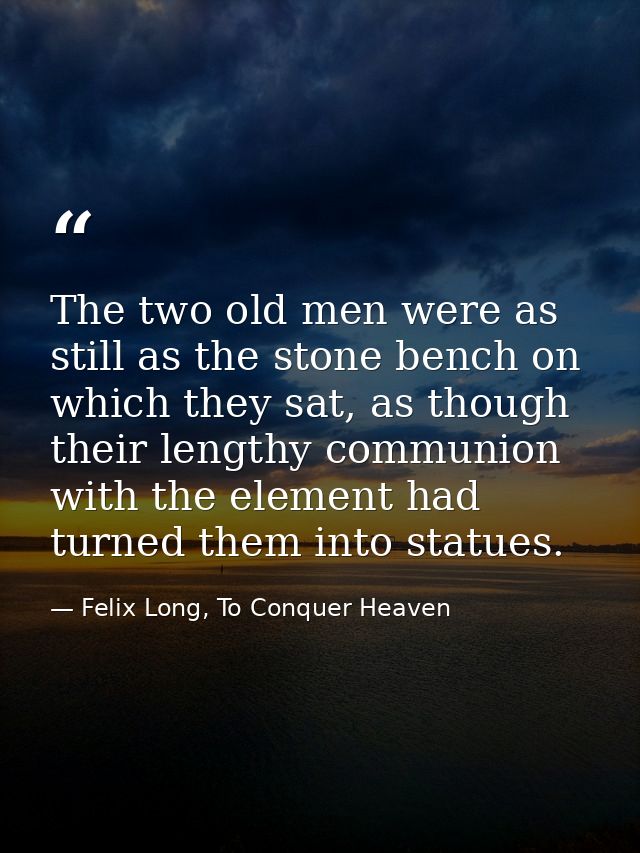 The two old men were as still as the stone bench on which they sat, as though their lengthy communion with the element h — Felix Long, To Conquer Heaven