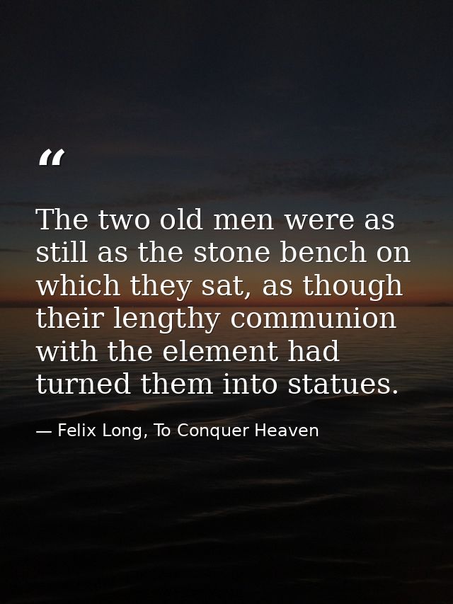 The two old men were as still as the stone bench on which they sat, as though their lengthy communion with the element h — Felix Long, To Conquer Heaven
