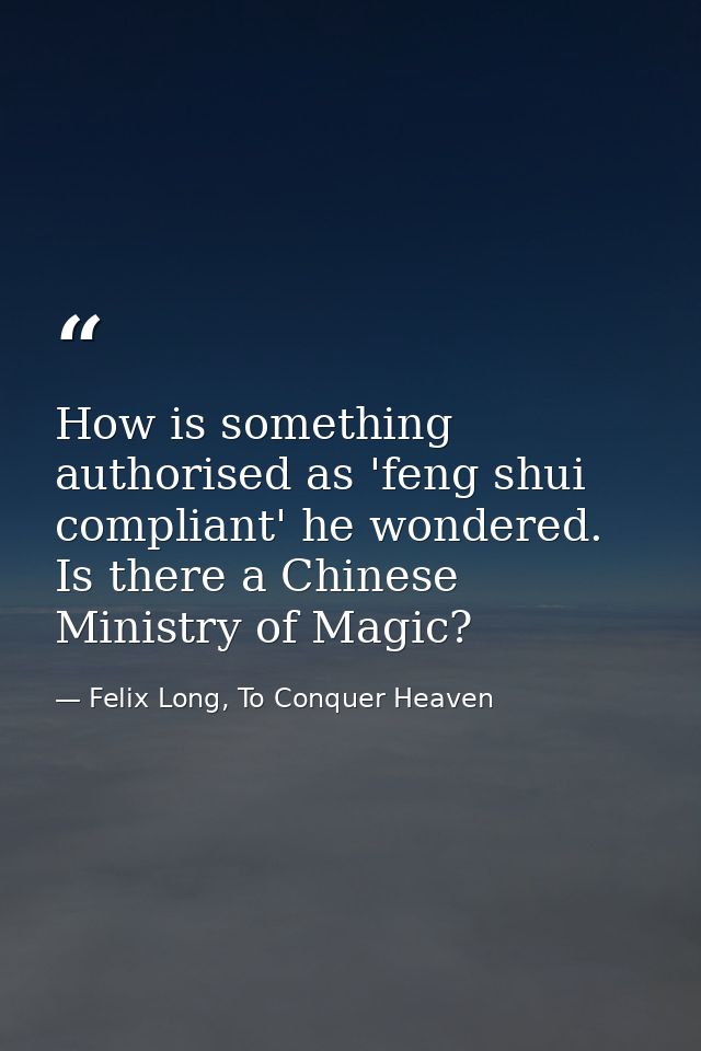 How is something authorised as 'feng shui compliant' he wondered. Is there a Chinese Ministry of Magic? — Felix Long, To Conquer Heaven