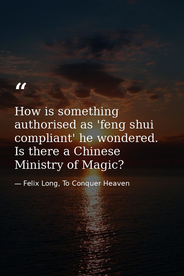 How is something authorised as 'feng shui compliant' he wondered. Is there a Chinese Ministry of Magic? — Felix Long, To Conquer Heaven