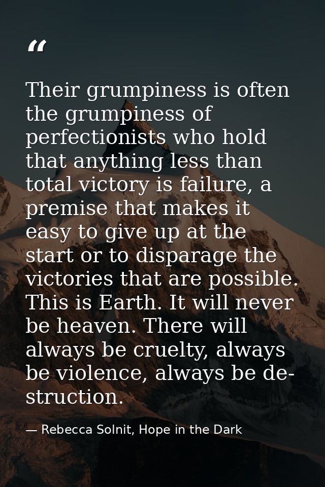Their grumpiness is often the grumpiness of perfectionists who hold that anything less than total victory is failure, a  — Rebecca Solnit, Hope in the Dark