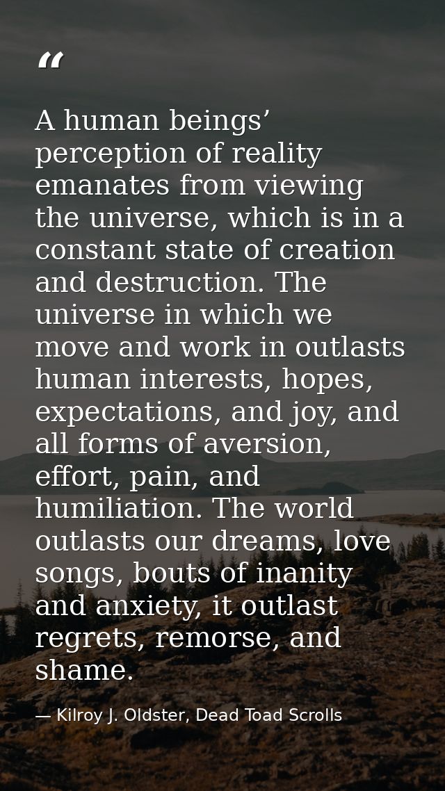 A human beings’ perception of reality emanates from viewing the universe, which is in a constant state of creation and d — Kilroy J. Oldster, Dead Toad Scrolls