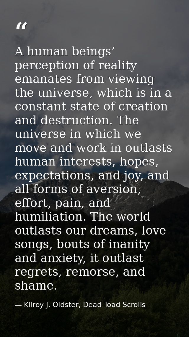 A human beings’ perception of reality emanates from viewing the universe, which is in a constant state of creation and d — Kilroy J. Oldster, Dead Toad Scrolls