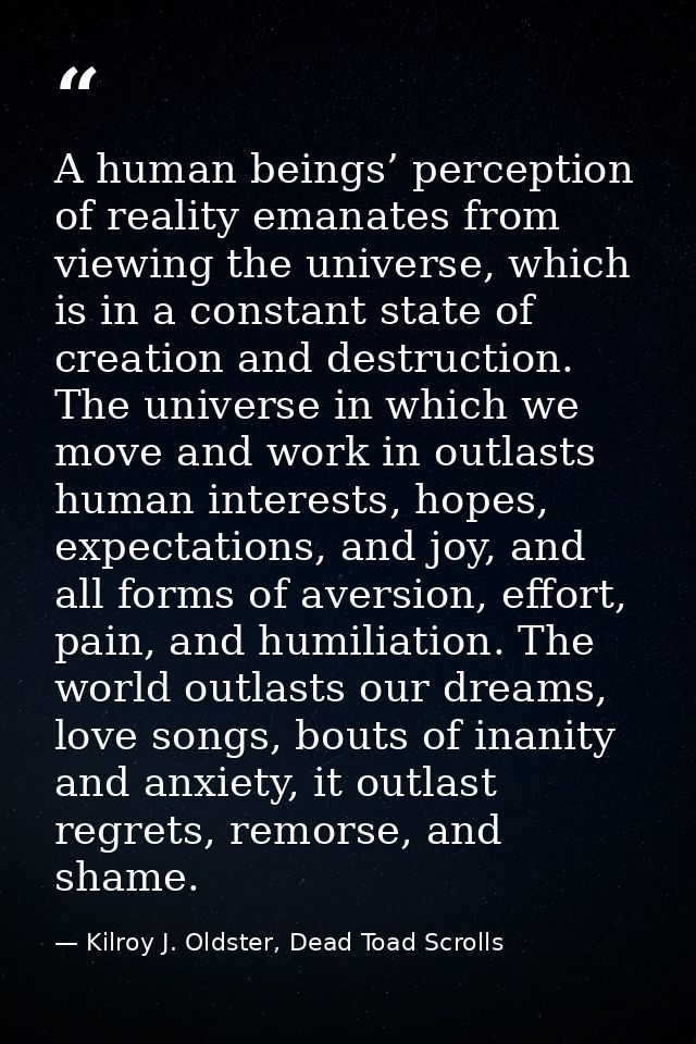 A human beings’ perception of reality emanates from viewing the universe, which is in a constant state of creation and d — Kilroy J. Oldster, Dead Toad Scrolls