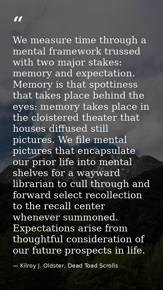 We measure time through a mental framework trussed with two major stakes: memory and expectation. Memory is that spottin — Kilroy J. Oldster, Dead Toad Scrolls