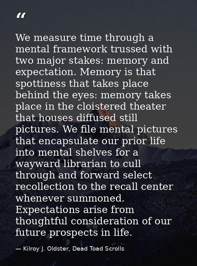 We measure time through a mental framework trussed with two major stakes: memory and expectation. Memory is that spottin — Kilroy J. Oldster, Dead Toad Scrolls